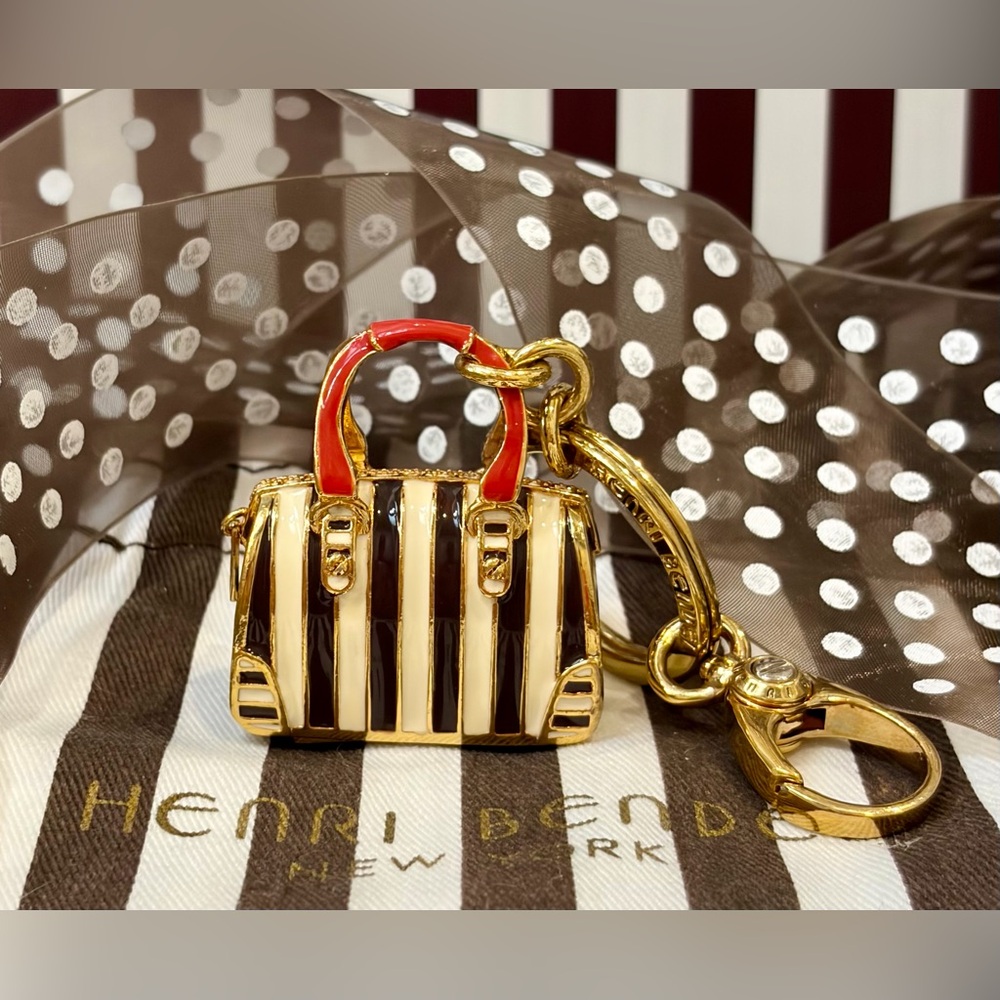 NWOT HENRI BENDEL Gold & Brown Stripe Mini Bag Keychain with Red Handle - Picture 2 of 14